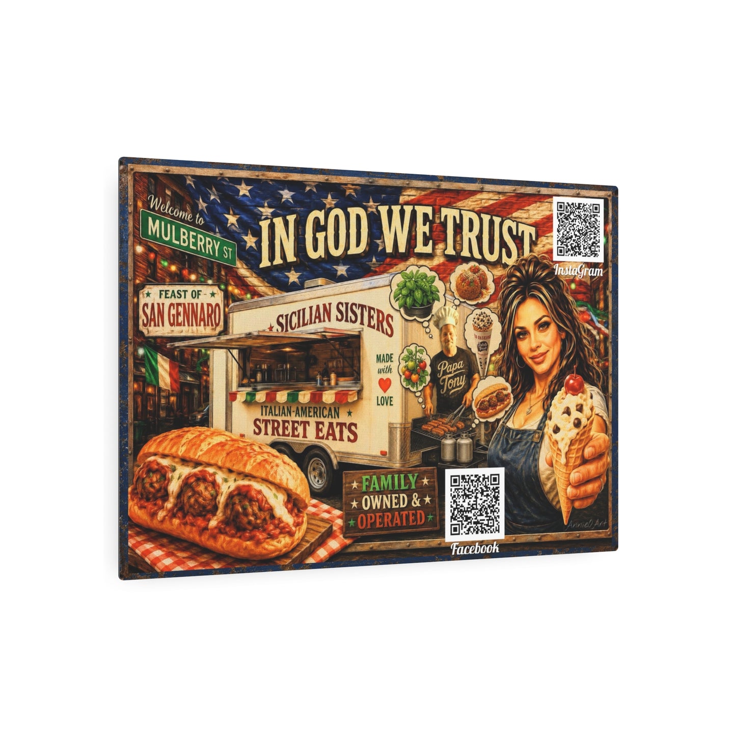 CUSTOM for MANDY—In God We Trust Italian Street Eats Metal Art Sign – Sicilian Sisters Diner Wall Decor