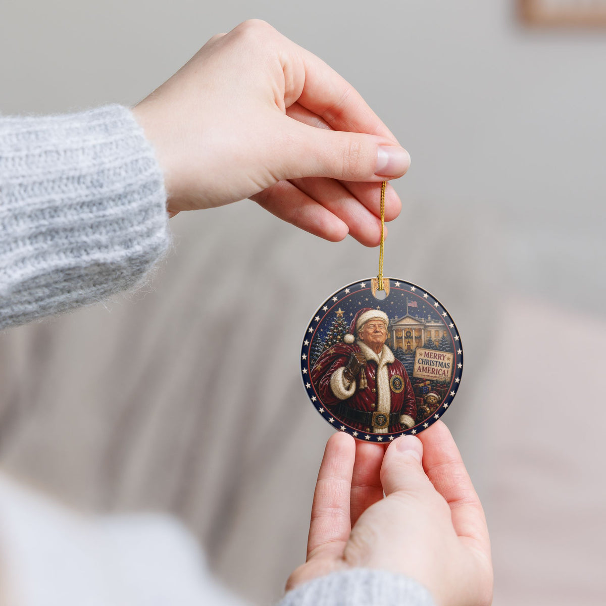 Patriotic Trump Santa Ceramic Ornament — "Merry Christmas America!" Holiday Decoration