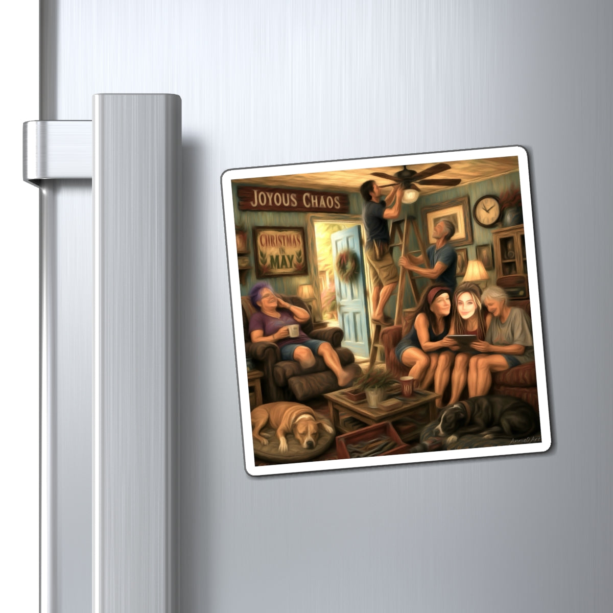 CUSTOM Joyous Chaos Family Scene Magnet — Cozy Holiday Family Refrigerator Decor