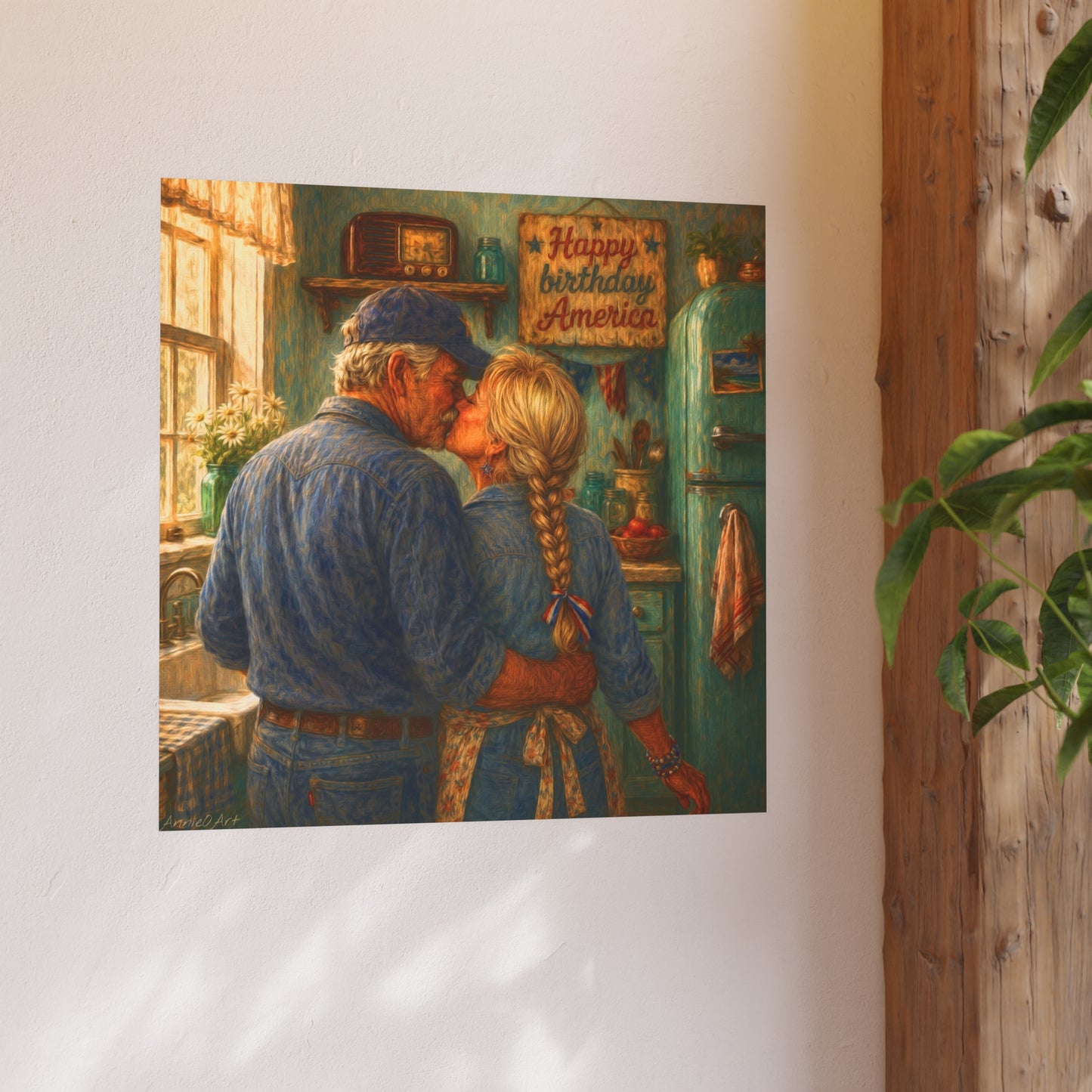 Romantic Country Kitchen Poster — Vintage Couple Kissing Satin/Matte Art Print