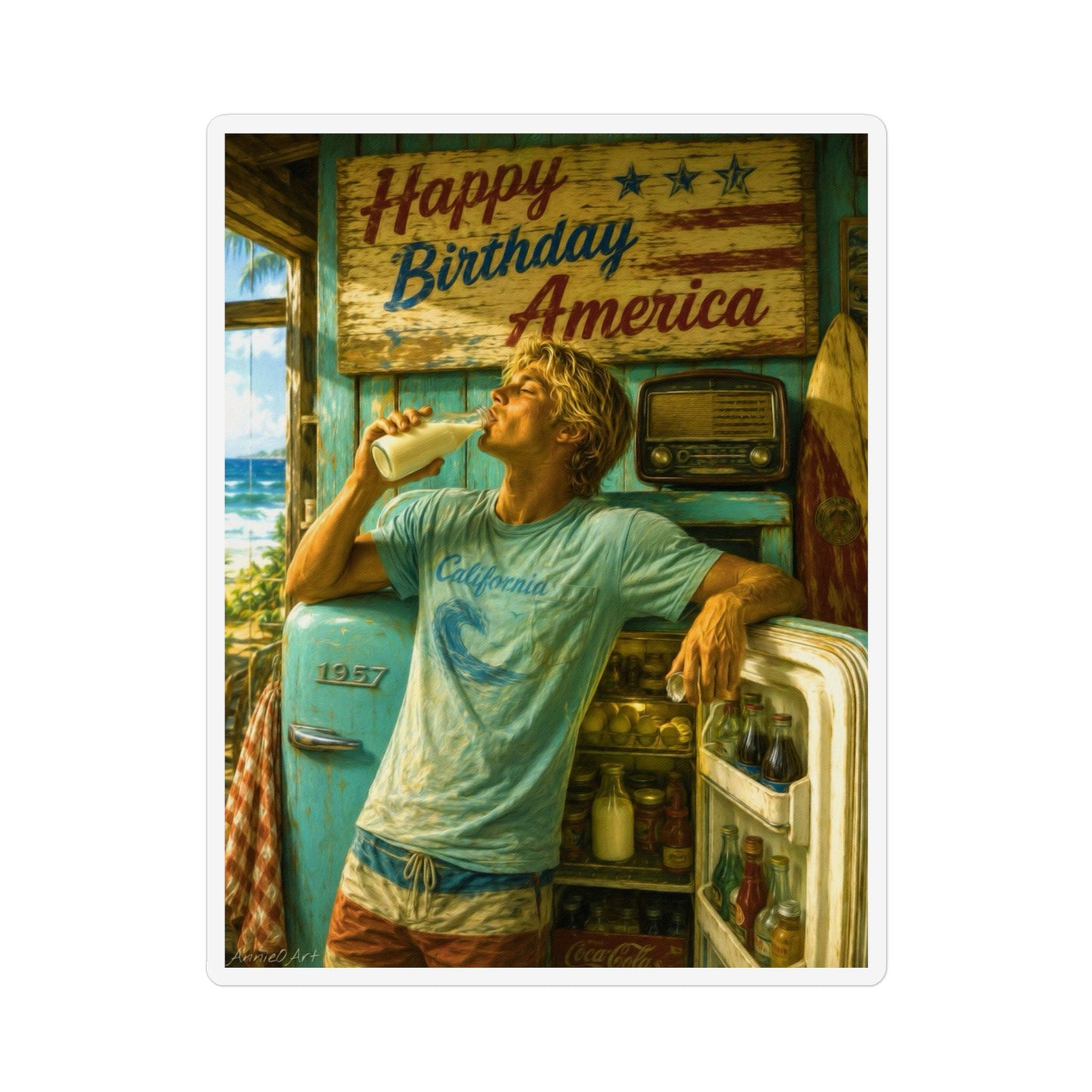 Happy Birthday America Magnet — Vintage Patriotic Beach Scene Custom Shape
