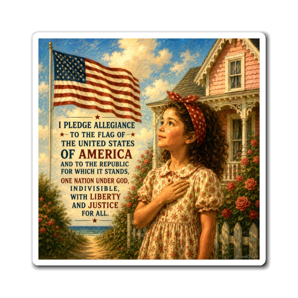 Patriotic Pledge Magnet — Vintage Girl Saluting American Flag