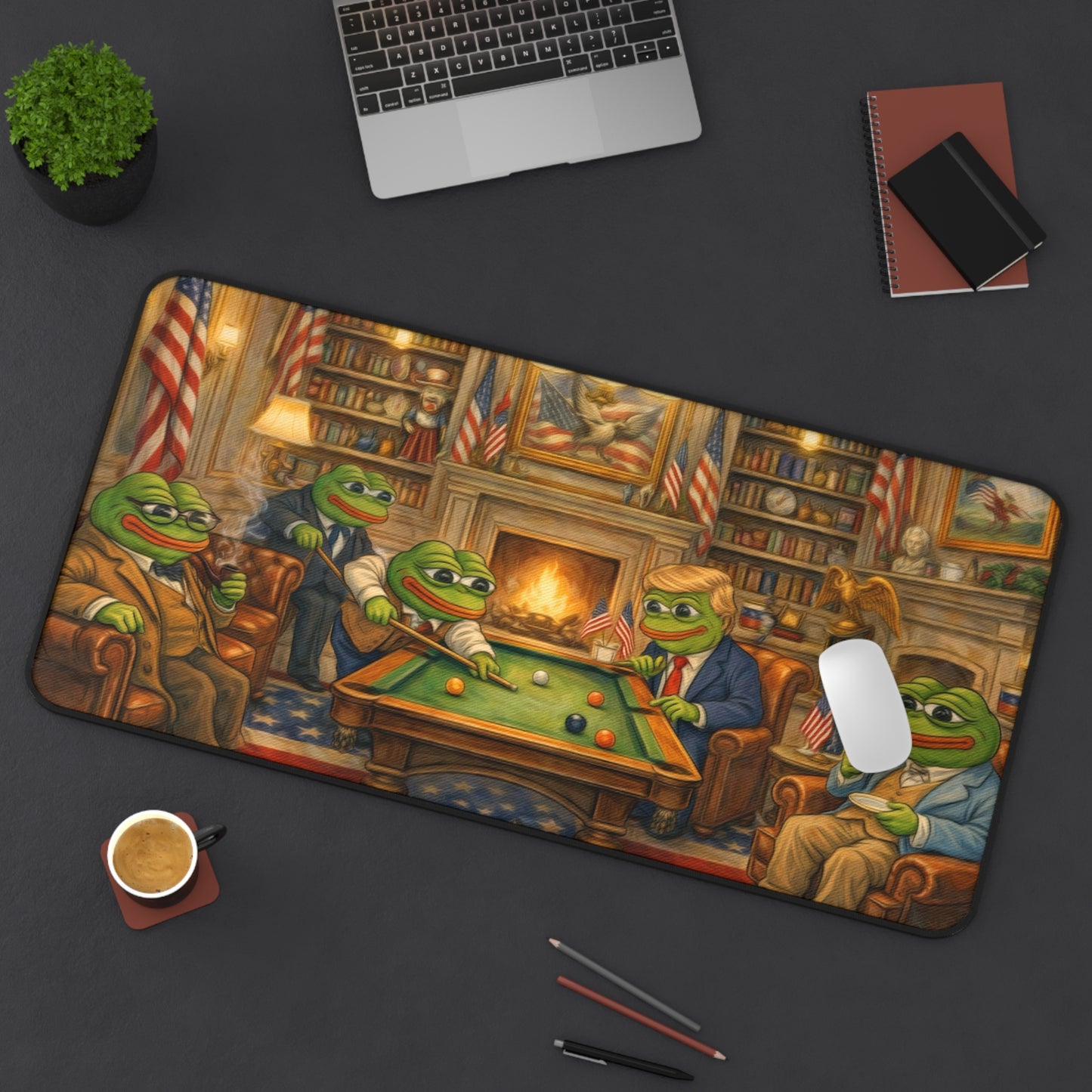 Desk Mat — Patriotic Pepe Frog & Trump playing pool,Gaming/Office Desk Mat with 'Pepe' Club Portrait