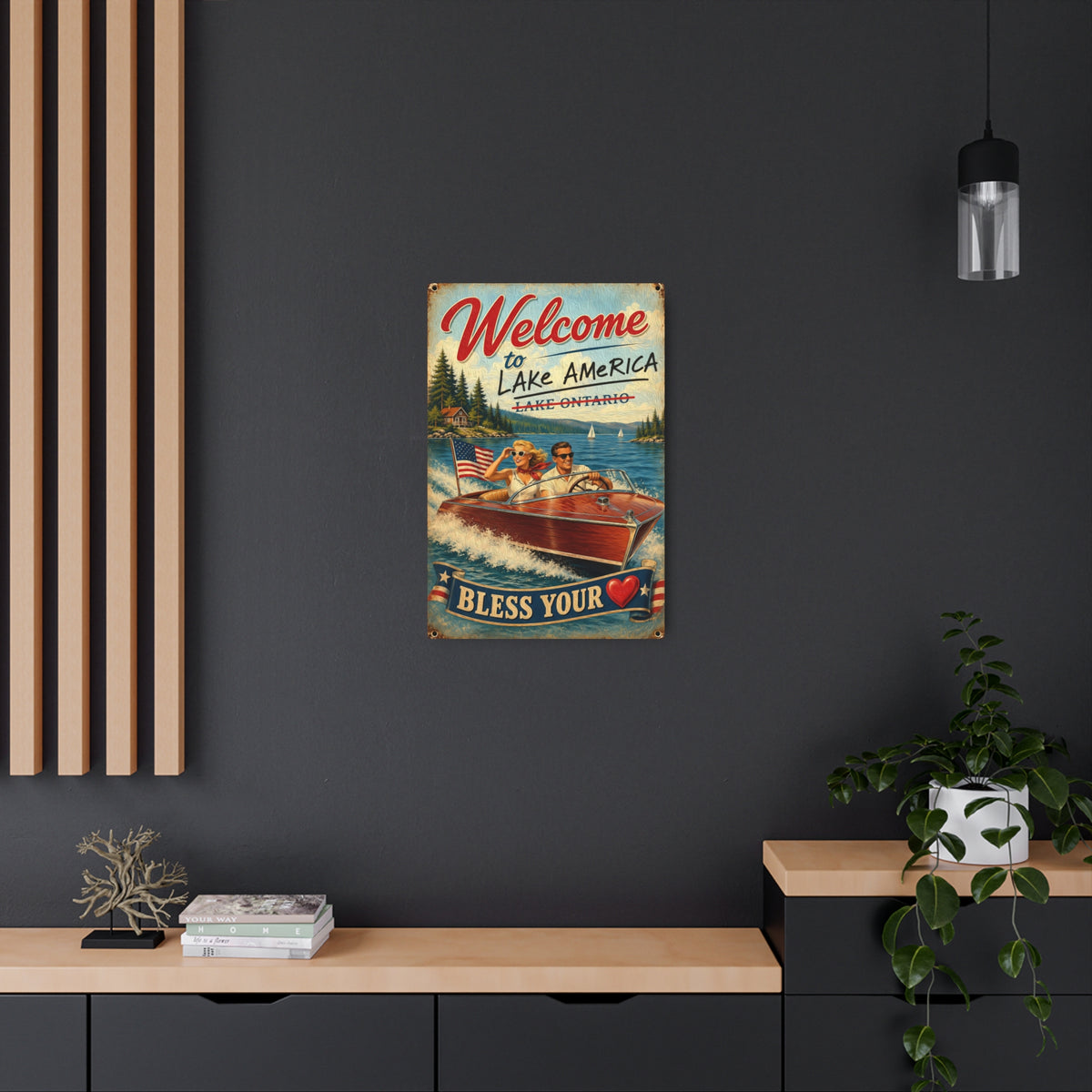 Welcome to Lake America Metal Sign – Vintage Boat Lake House Wall Art