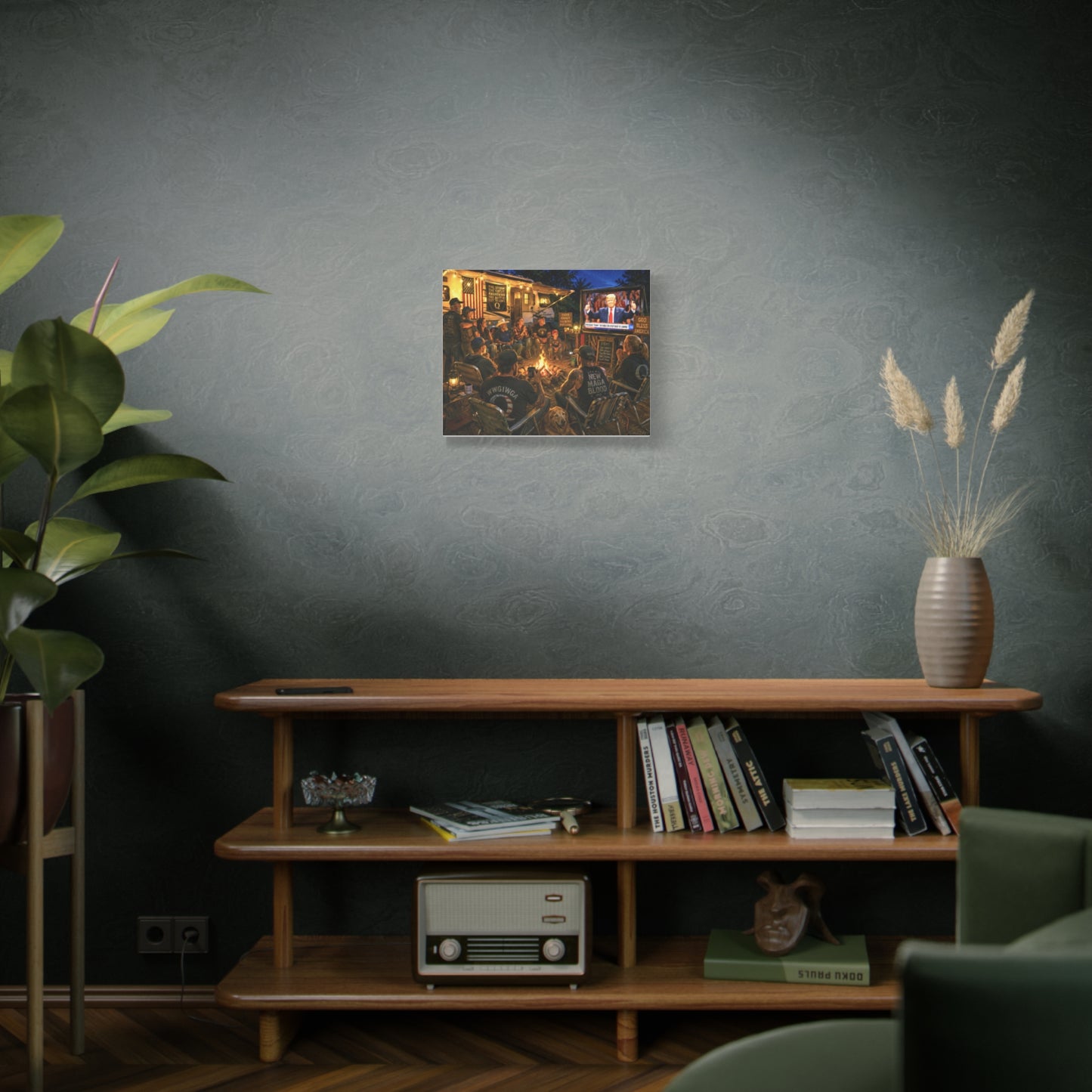 God Bless America—Campfire Scene Matte Canvas Wall Art - Patriotic RV Gathering with Trump TV—MAGA—WWG1WGA