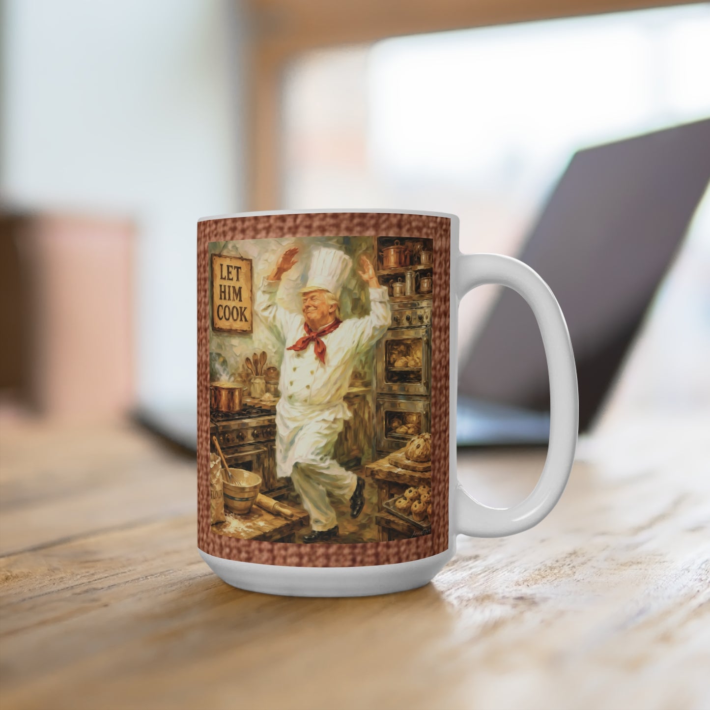 Trump ‘Let Him Cook’ 15oz Ceramic Mug — Rustic Chef Kitchen Coffee Cup