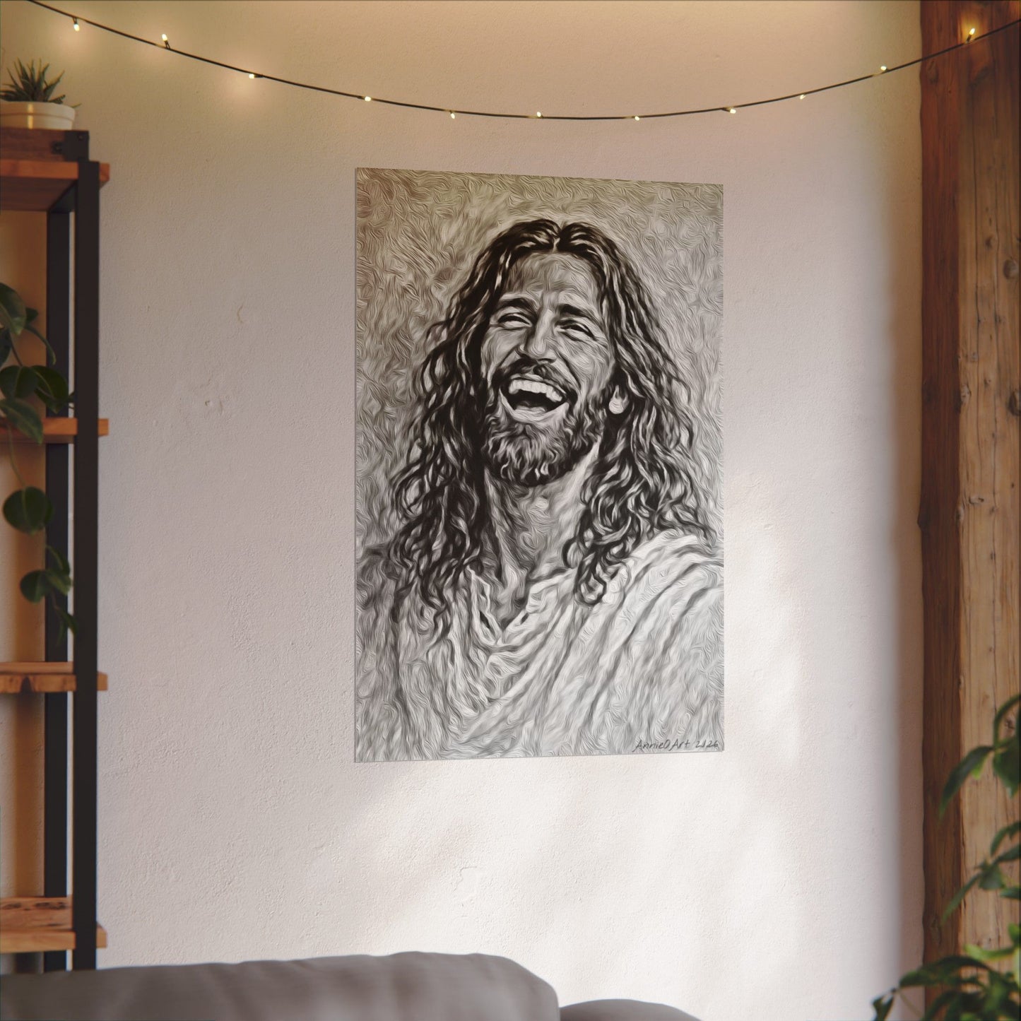 Jesus Laughing Watercolor Poster — Textured Matte Wall Art