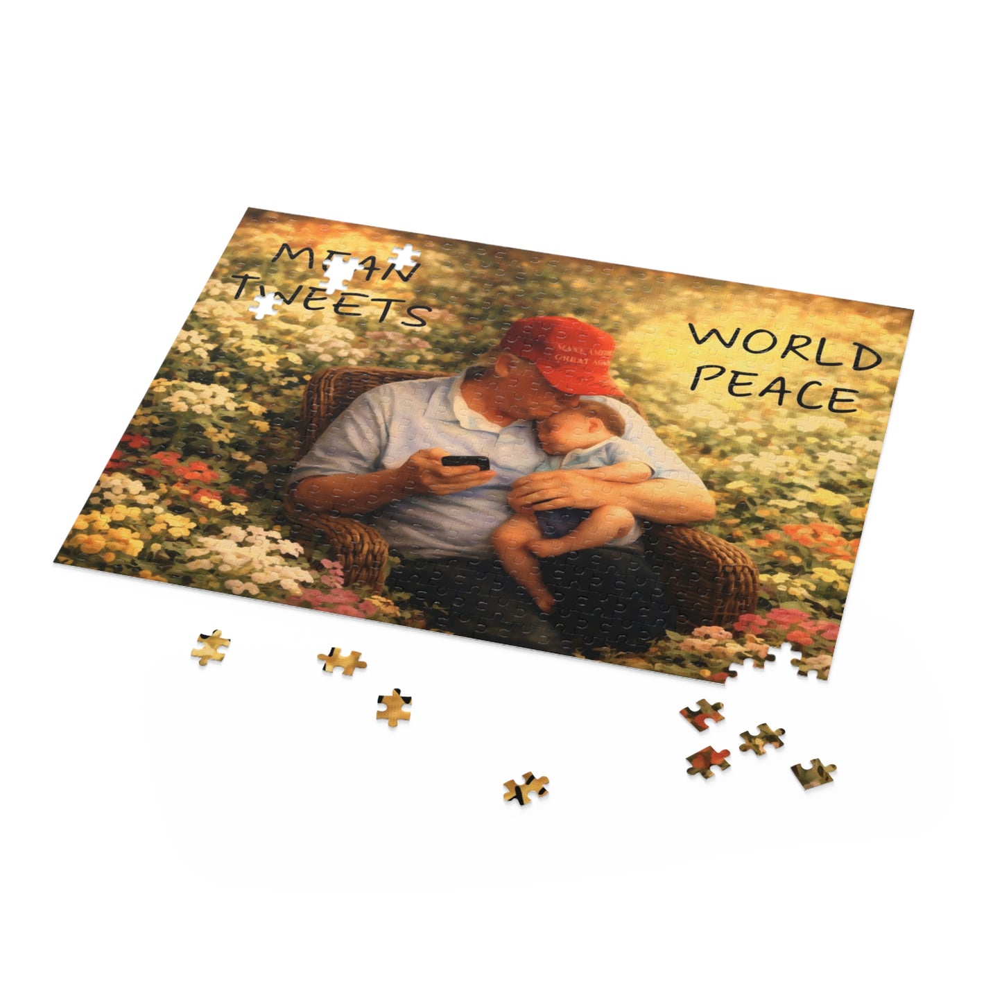 Trump Puzzle — 'Mean Tweets, World Peace' Grandpa & Baby 120/252/500-Piece Jigsaw