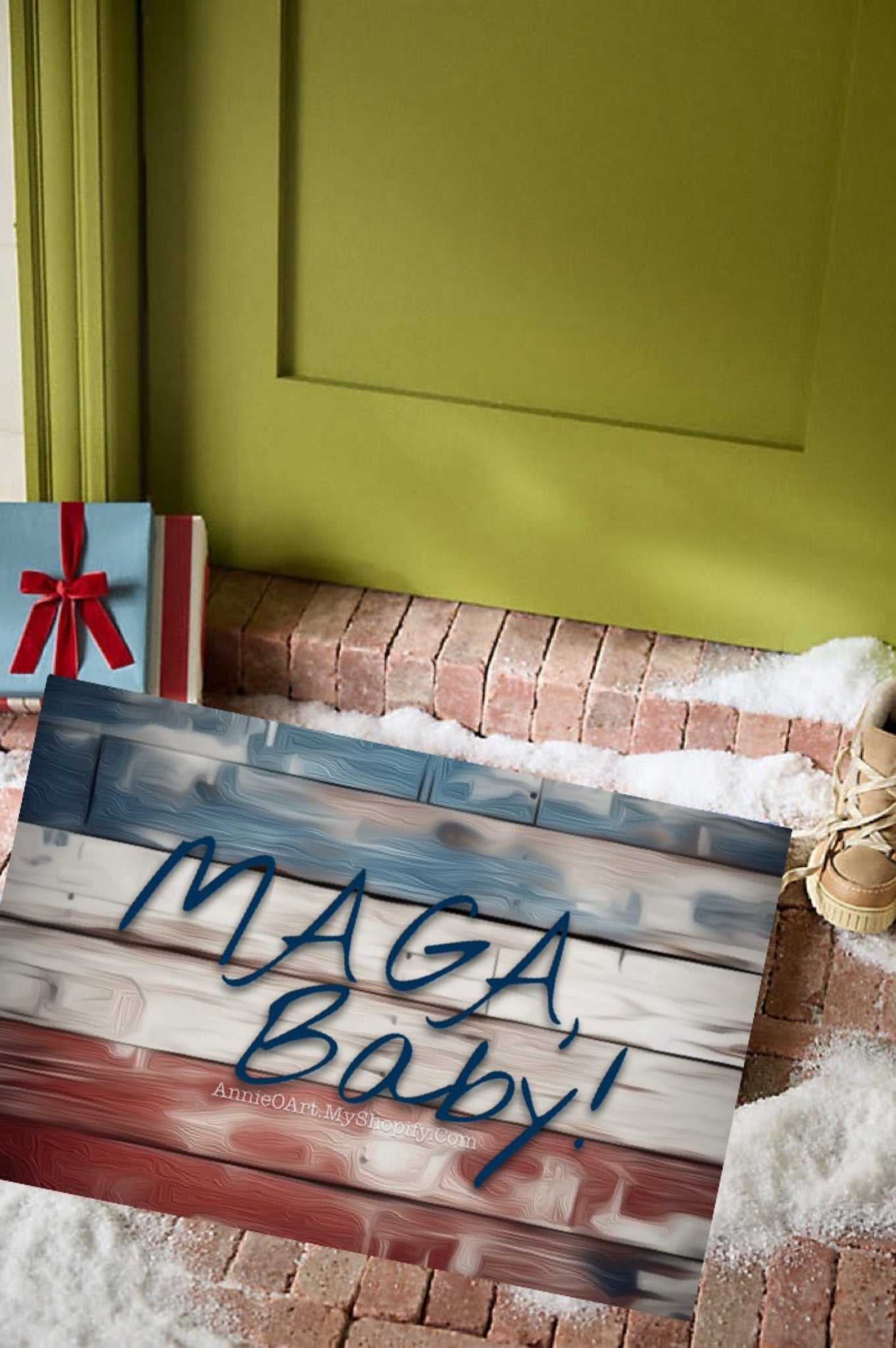 "MAGA, Baby!" Patriotic Red, White & Blue faux painted barn wood-look Welcome Mat