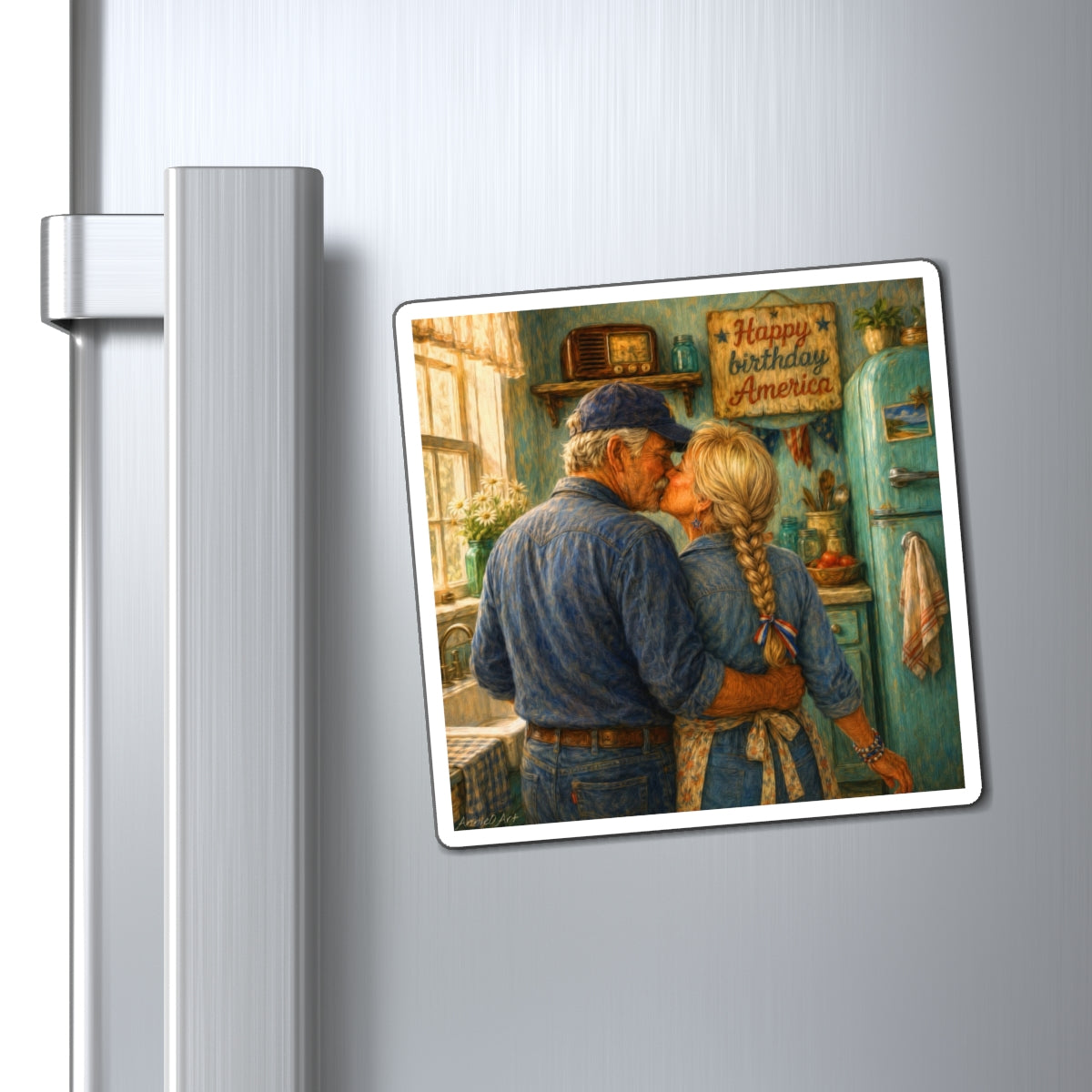 Vintage Americana Refrigerator Magnet - 'Happy Birthday America' Rustic Couple Kitchen Art