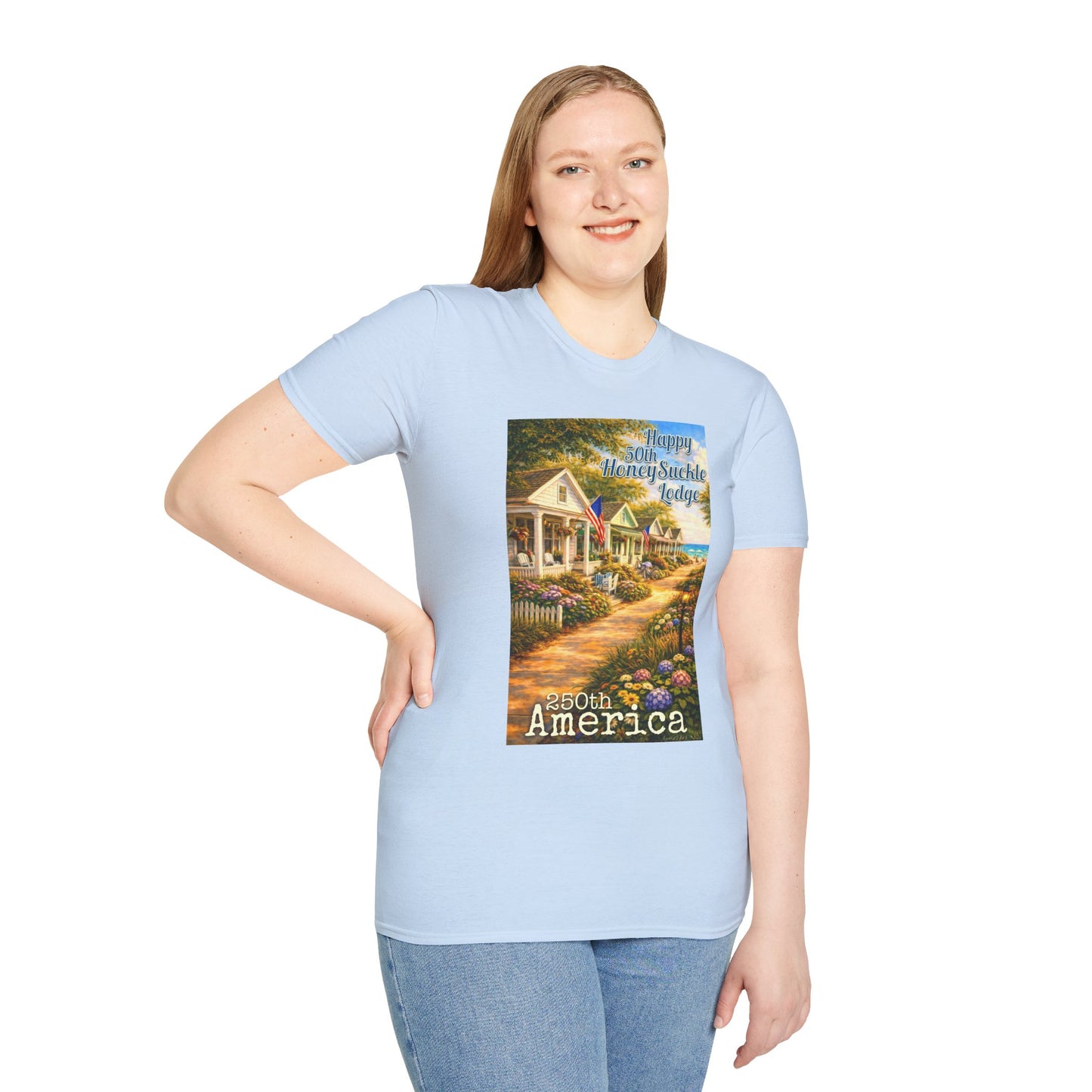 HoneySuckle Lodge 50th—America 250th Bungalow Path T-Shirt —Front & Back Design- Happy 250th Anniversary USA Patriotic Tee