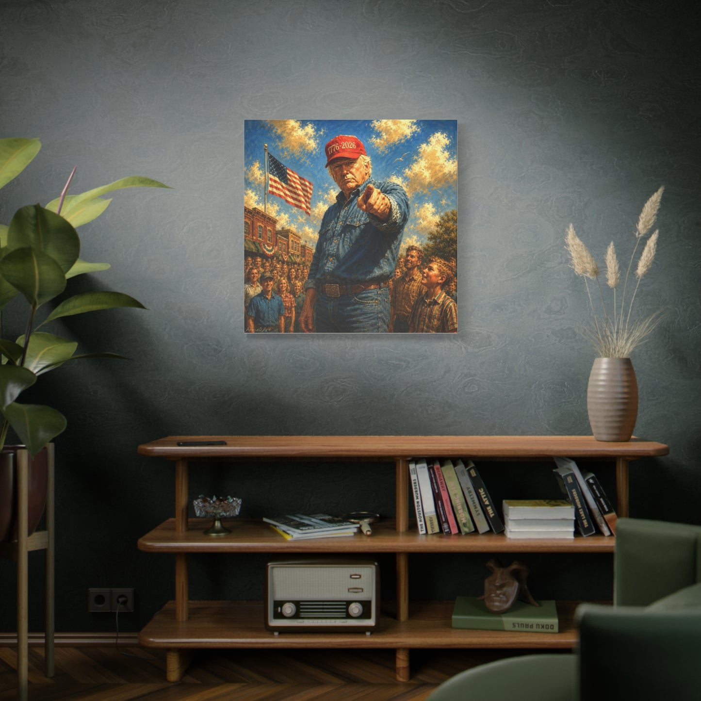 Trump Americana Patriotic Canvas Art - '1776-2026' Pointing Figure with American Flag