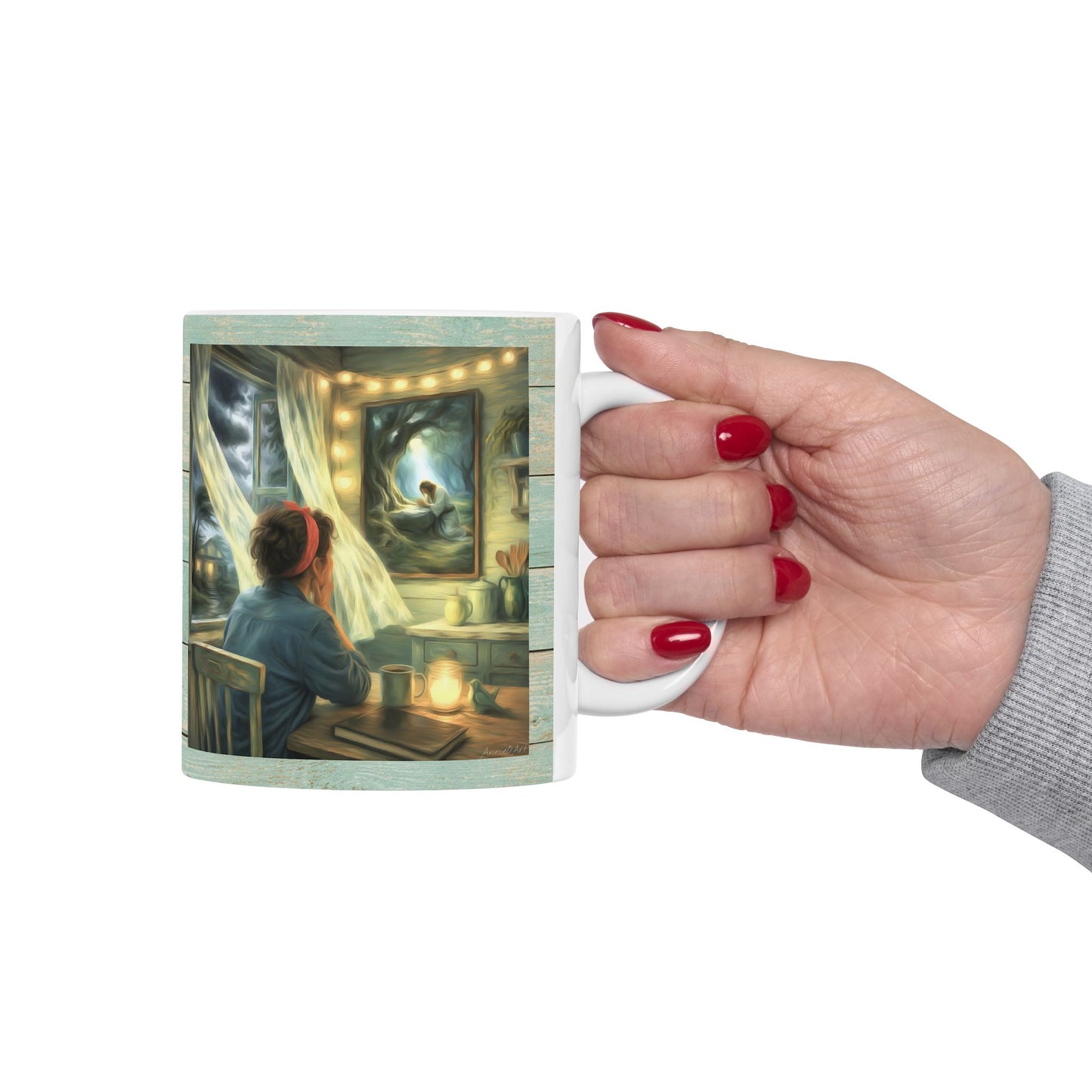 Meditating with Jesus Ceramic Mug — Cottage Nighttime Coffee Cup (11oz)