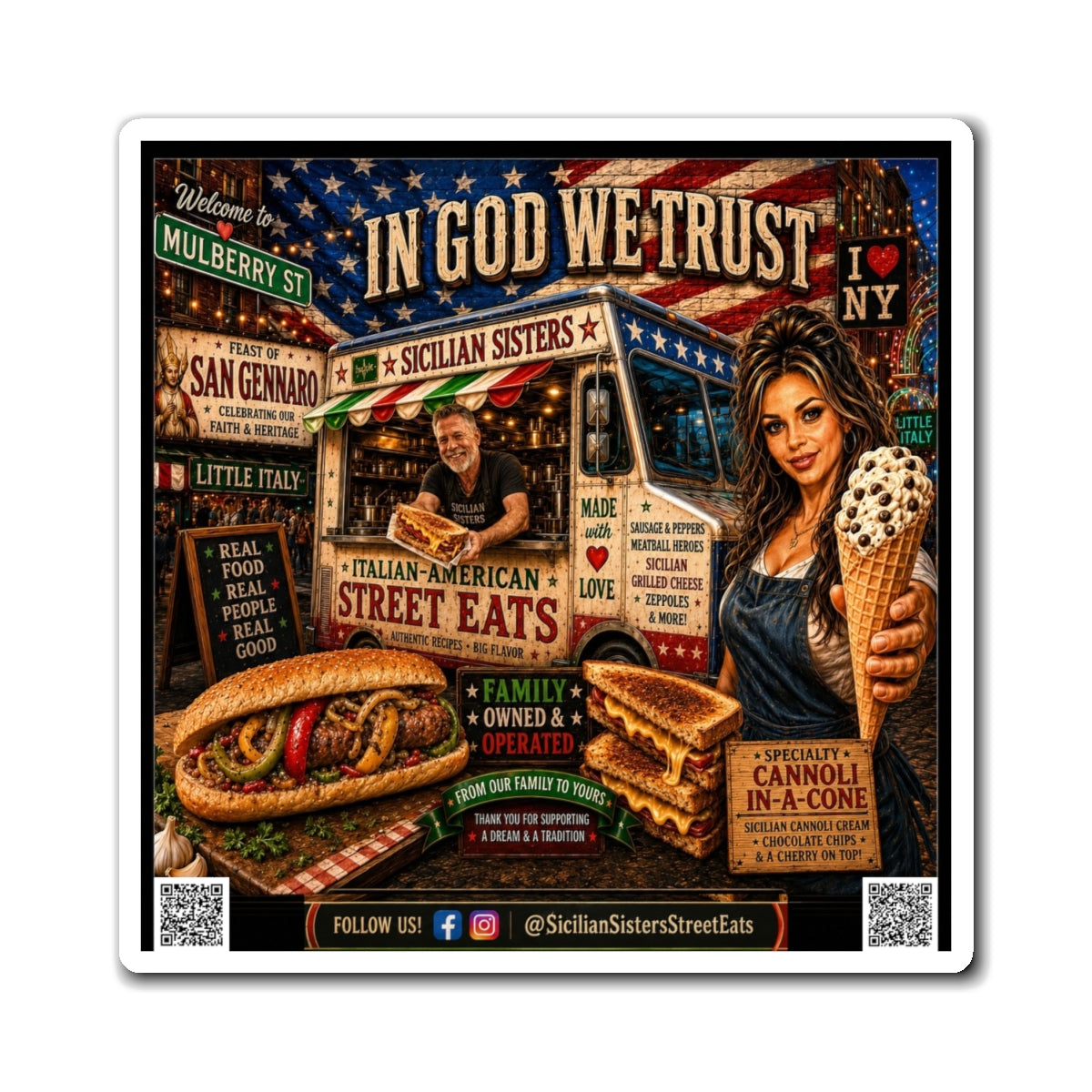 Italian-American Street Eats Magnet — "In God We Trust" Cannoli & Sandwich Food Truck Fridge Magnet
