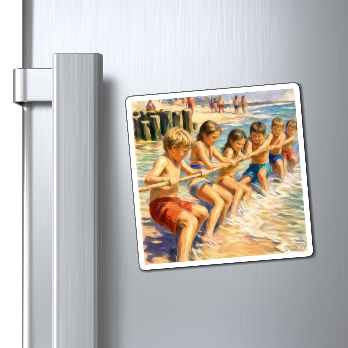 Beach Tug‑of‑War Kids Magnet — Vintage Summer Seaside Fridge Magnet
