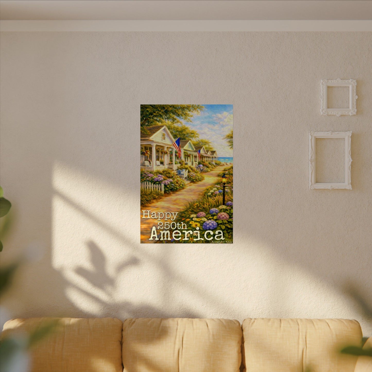 Happy 250th America Poster — Patriotic Coastal Watercolor Matte Print