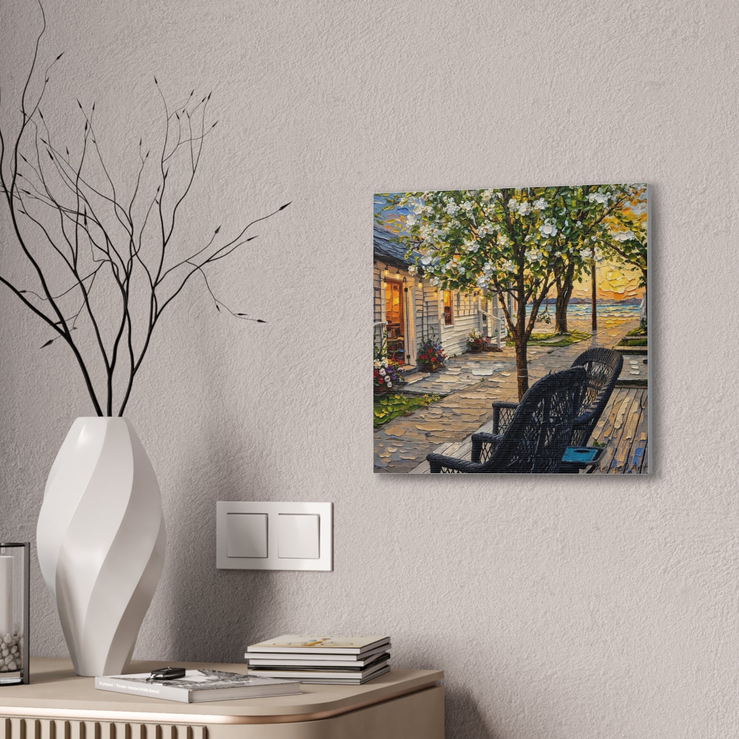 Bungalow Porch Canvas Wall Art — Sunny Cottage Sunset Stretched Canvas