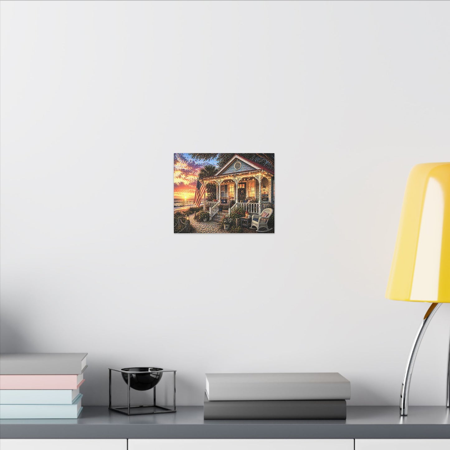 Front Porch America—Patriotic Beach Cottage Canvas Wall Art — Sunset Porch Scene