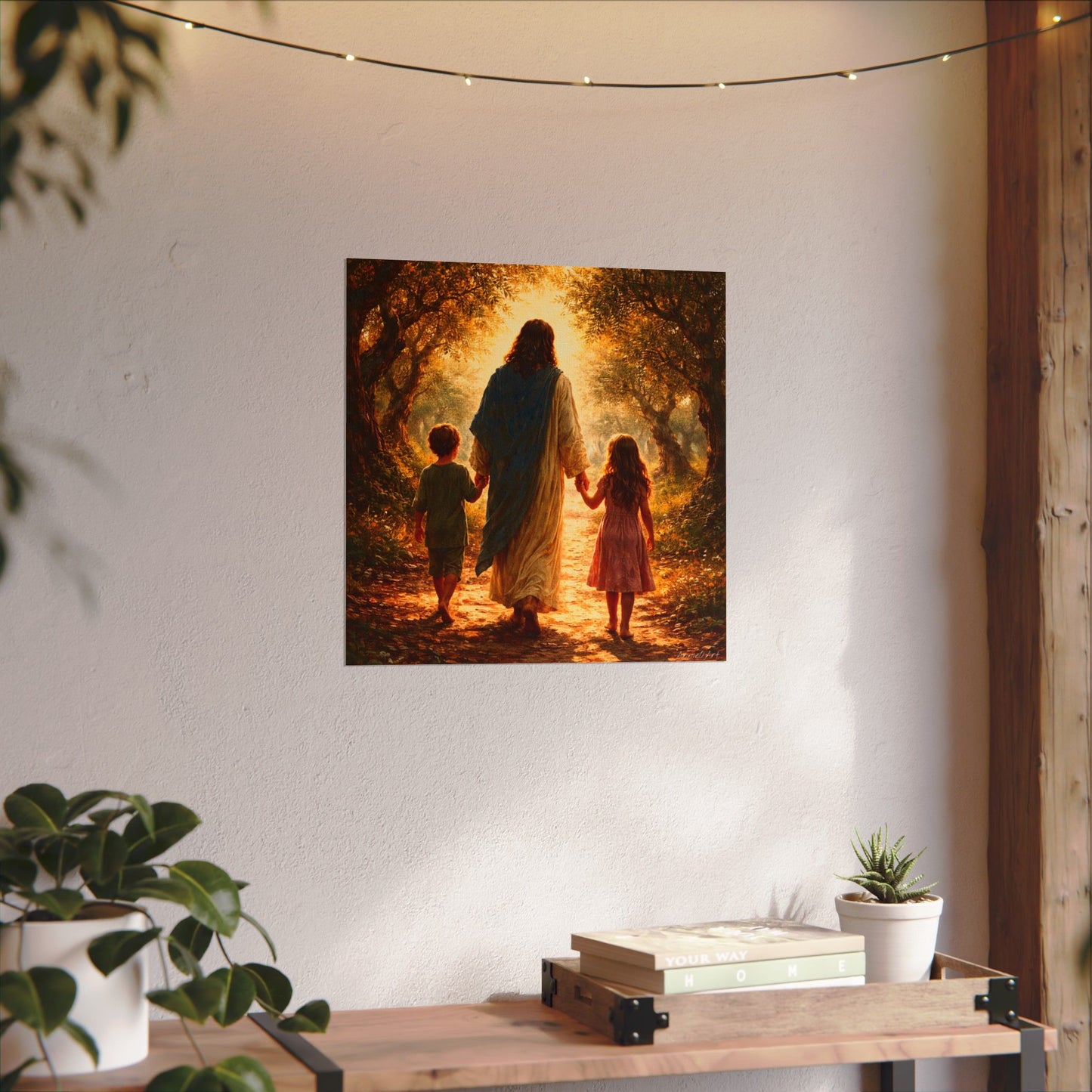 Jesus Walking with Children Watercolor Poster — Textured Matte Wall Art