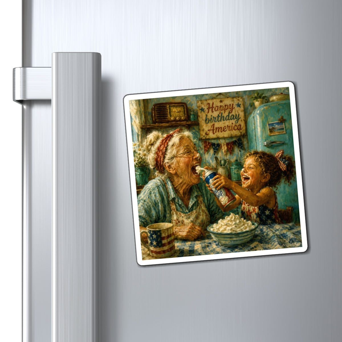 Patriotic Kid Level Kitchen Magnet — "Happy Birthday America" Grandma & Child Vintage Scene
