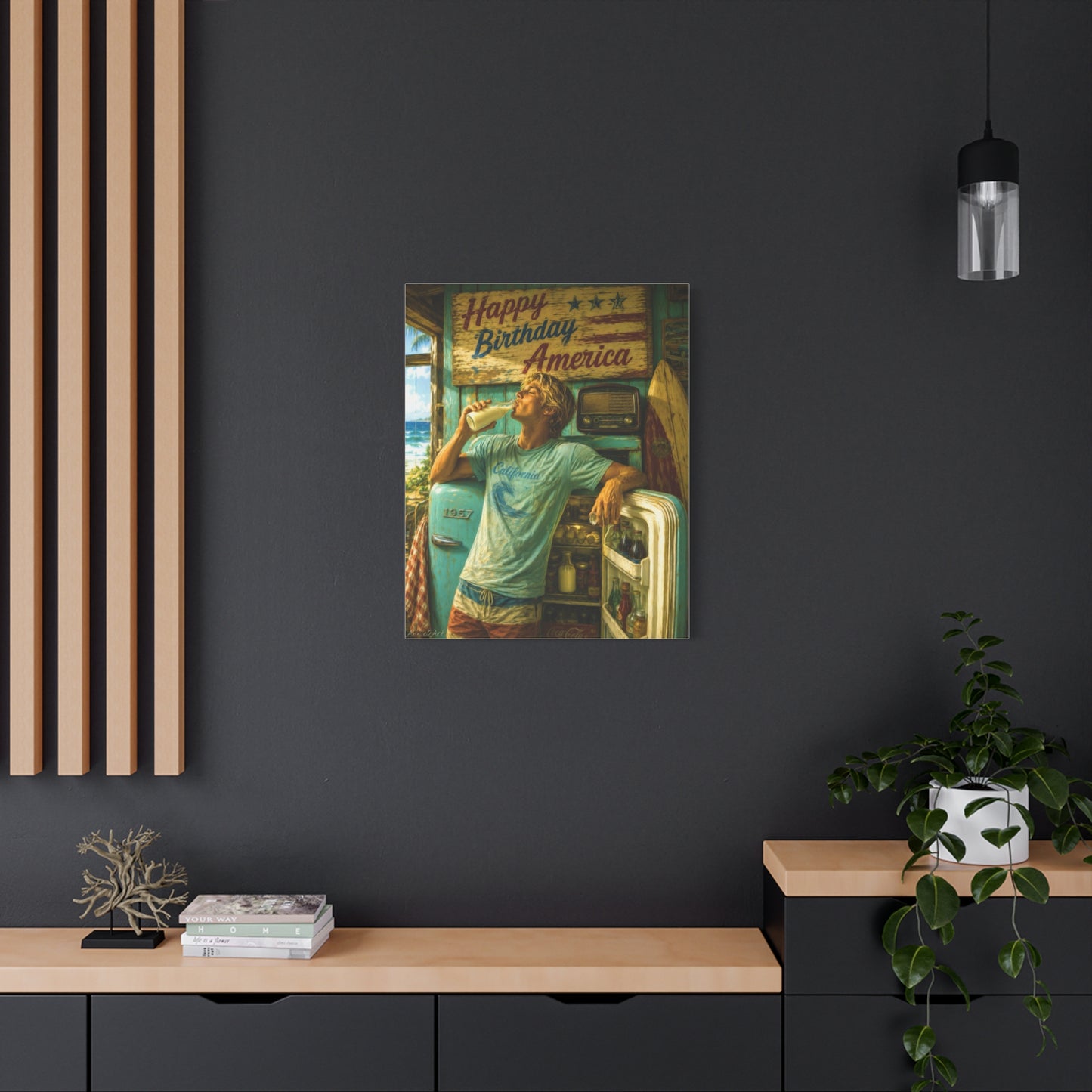 Happy Birthday America Canvas Wall Art — Retro Beach Guy Patriotic Home Decor