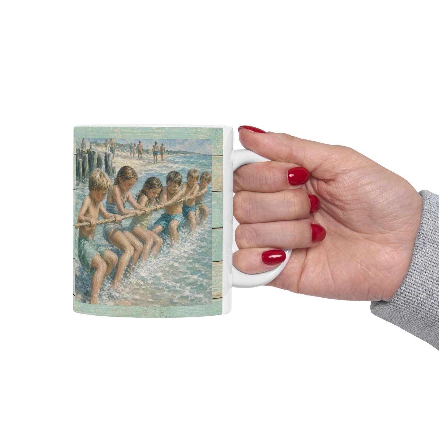 Beach Vintage-style Ceramic Mug – Tug-of-War by the Sea (11oz, 15oz)