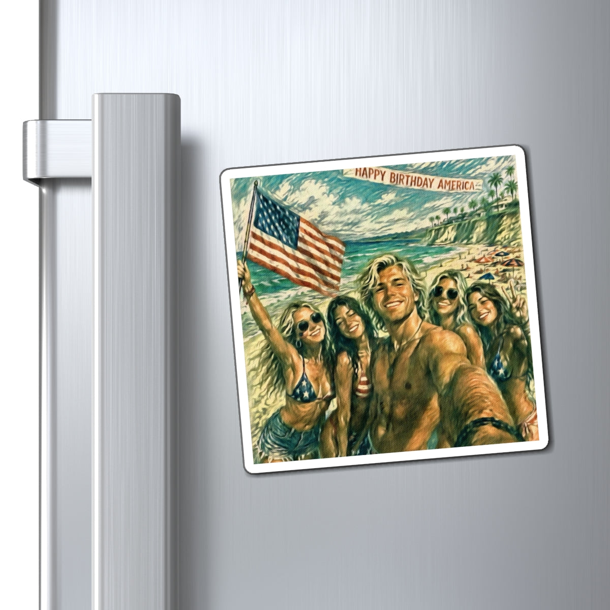 Patriotic Beach Selfie Magnet – "Happy Birthday America" 4th of July Decor