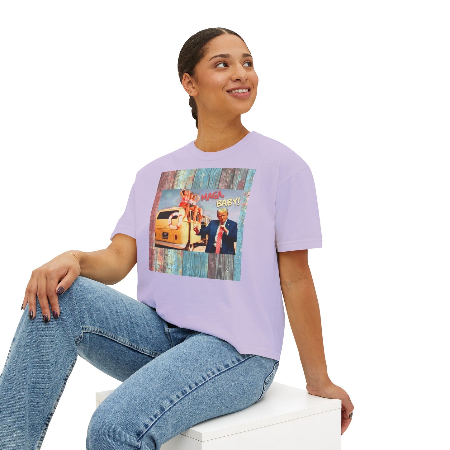 Beach scene w DJT dancing Retro VW van “MAGA, baby!” —Graphic Boxy Tee — Vintage Roadtrip/Rally tee Women's Shirt