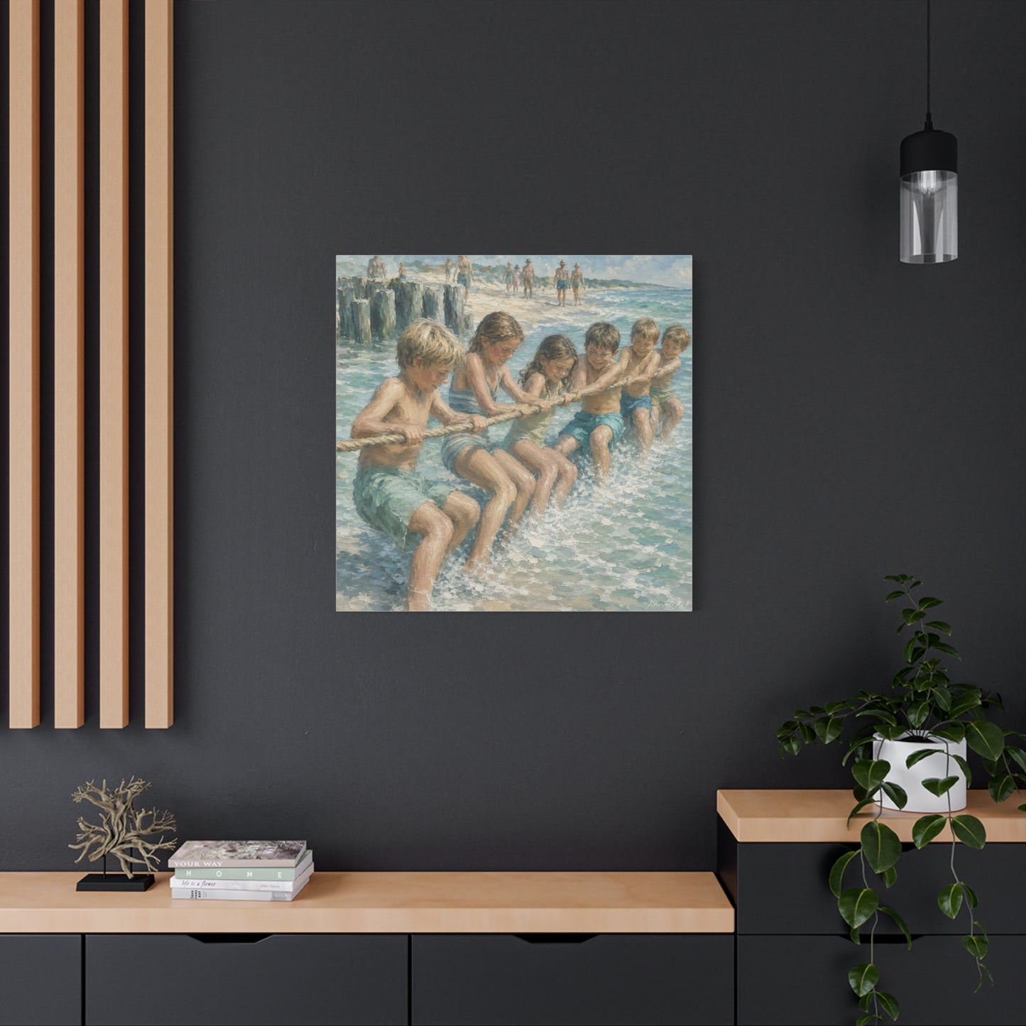 Beach Tug-of-War Matte Canvas Print — Vintage Seaside Children Wall Art