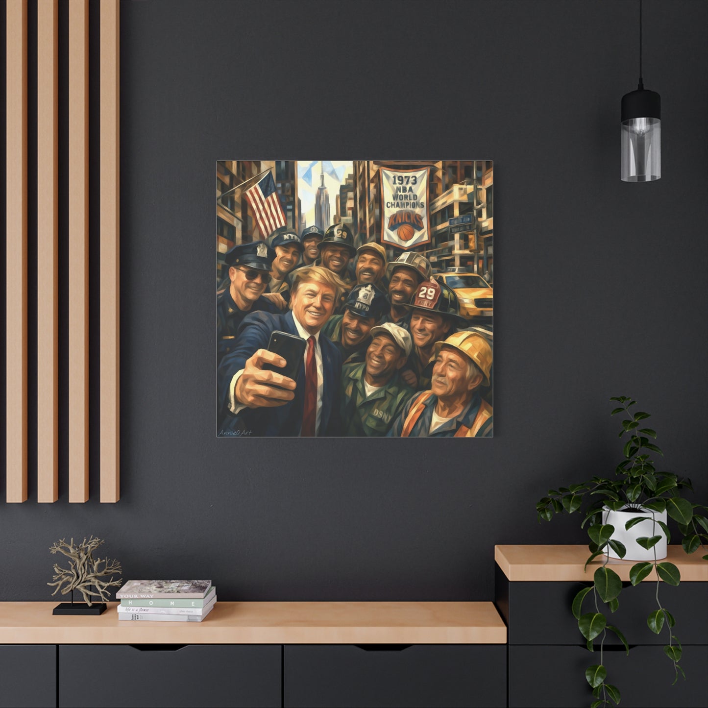 Trump Selfie w/City Workers Canvas Wall Art — Patriotic Urban Selfie Scene