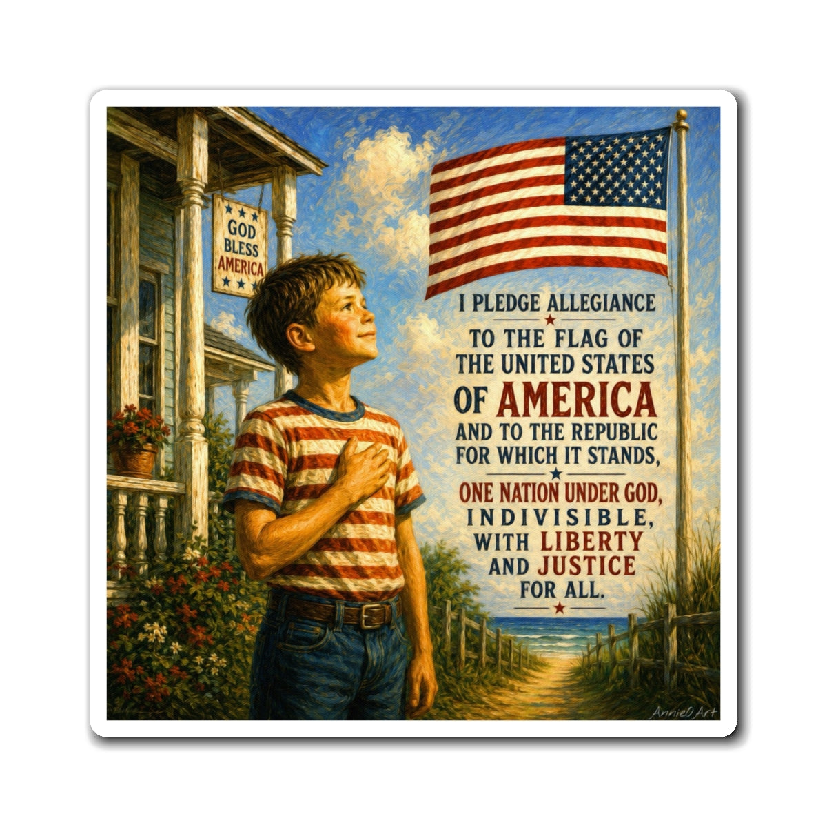 ‘Kid Level Learning’ Patriotic Pledge Fridge Magnet — Boy Saluting American Flag with 'I Pledge Allegiance' Text