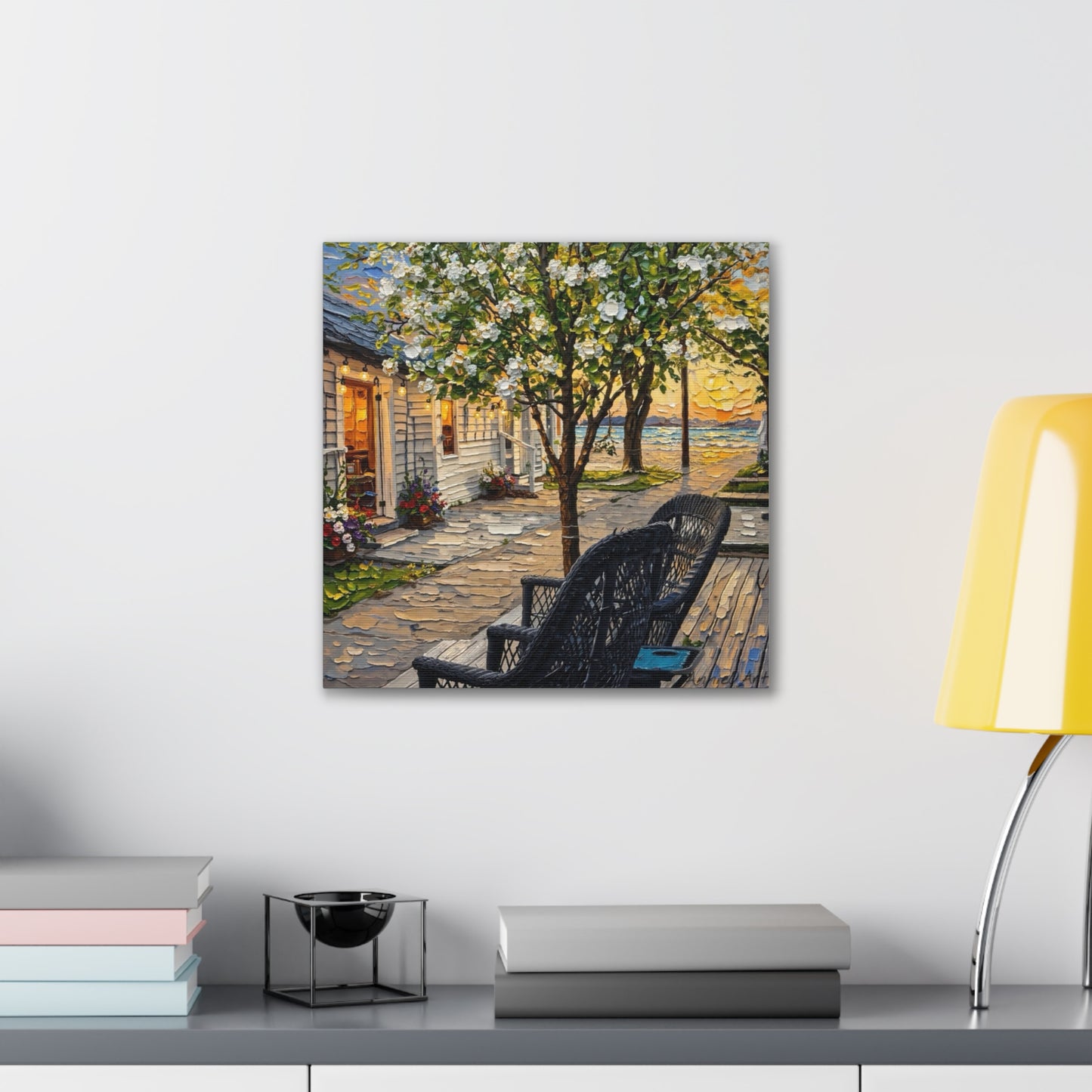 Bungalow Porch Canvas Wall Art — Sunny Cottage Sunset Stretched Canvas