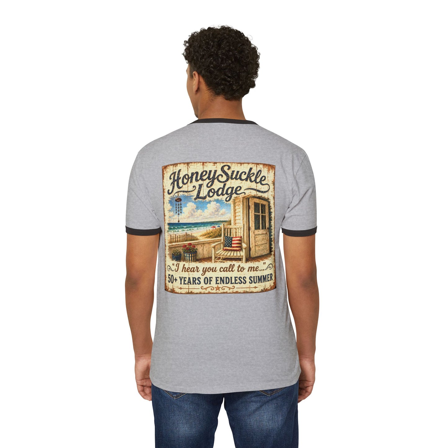 Happy 250th America Ringer T‑Shirt — Honeysuckle Lodge Vintage Beach Graphic