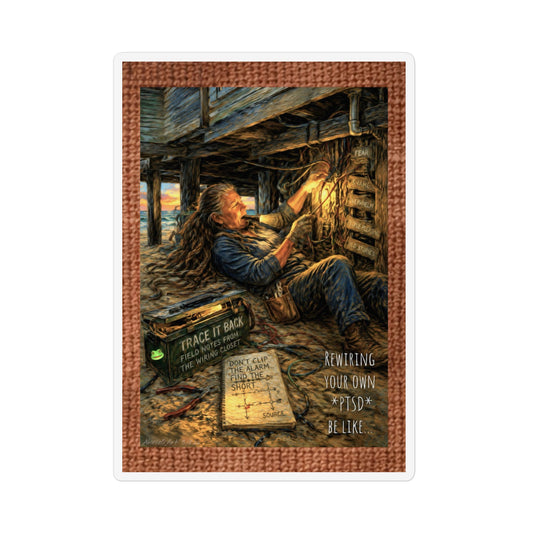 PTSD Magnet — 'Trace It Back' Fishing Cabin Scene Custom Shape Magnet