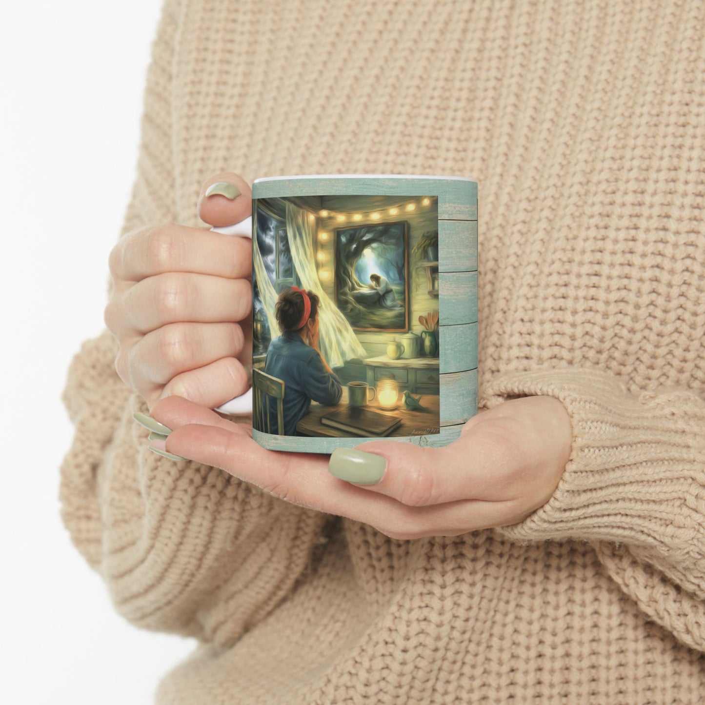 Meditating with Jesus Ceramic Mug — Cottage Nighttime Coffee Cup (11oz)