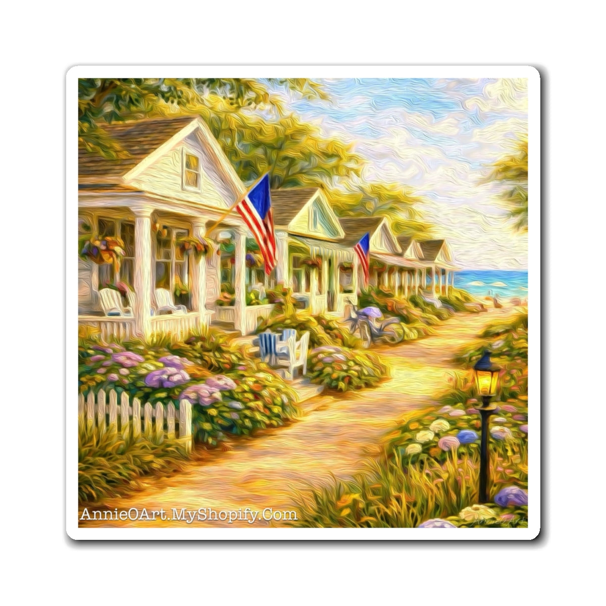 Bungalows by the Beach Magnet — Patriotic Seaside Beach House Refrigerator Magnet