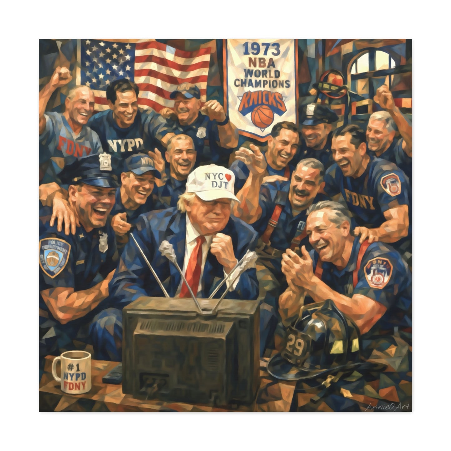 Trump Patriotic NYC Firefighters  Matte Stretched Canvas — Vintage NYPD Tribute Wall Art