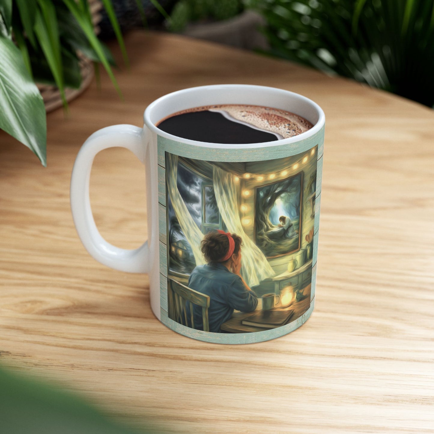 Meditating with Jesus Ceramic Mug — Cottage Nighttime Coffee Cup (11oz)