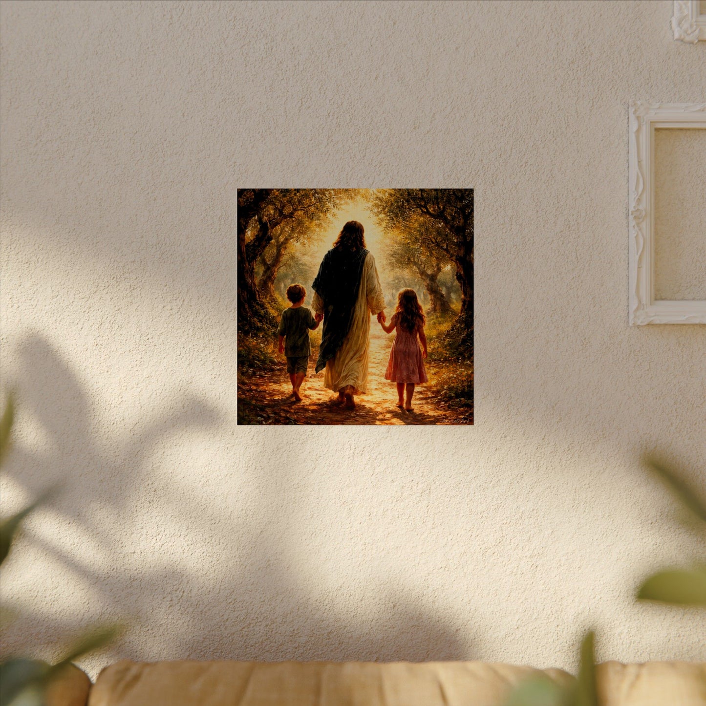Jesus Walking with Children Watercolor Poster — Textured Matte Wall Art
