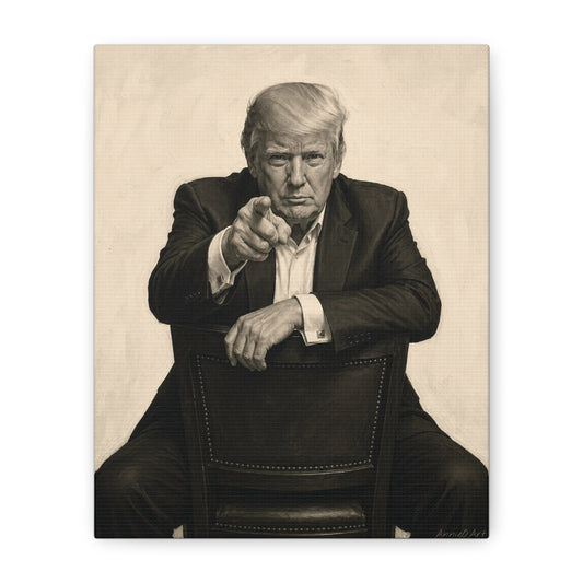Trump Pointing Portrait Matte Canvas Print — Vintage-Style Seated Figure Wall Art