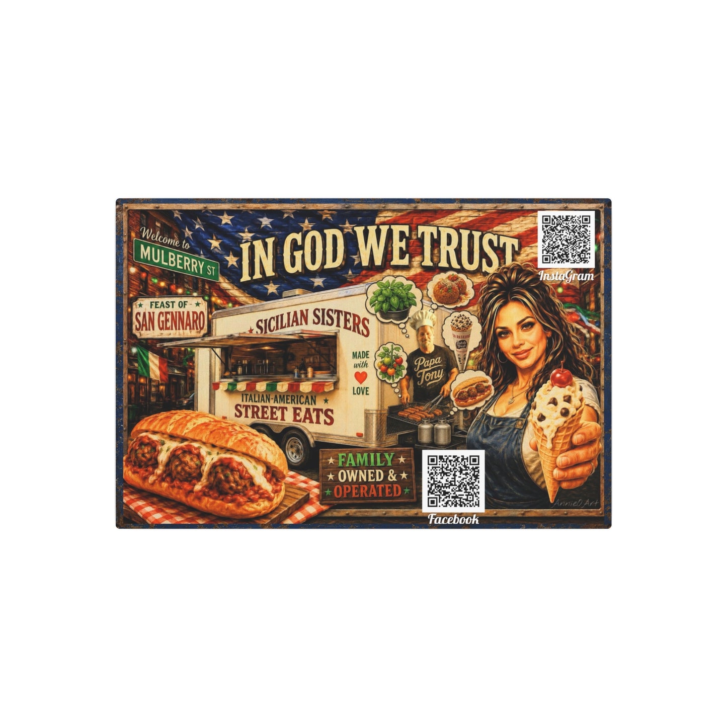 CUSTOM for MANDY—In God We Trust Italian Street Eats Metal Art Sign – Sicilian Sisters Diner Wall Decor