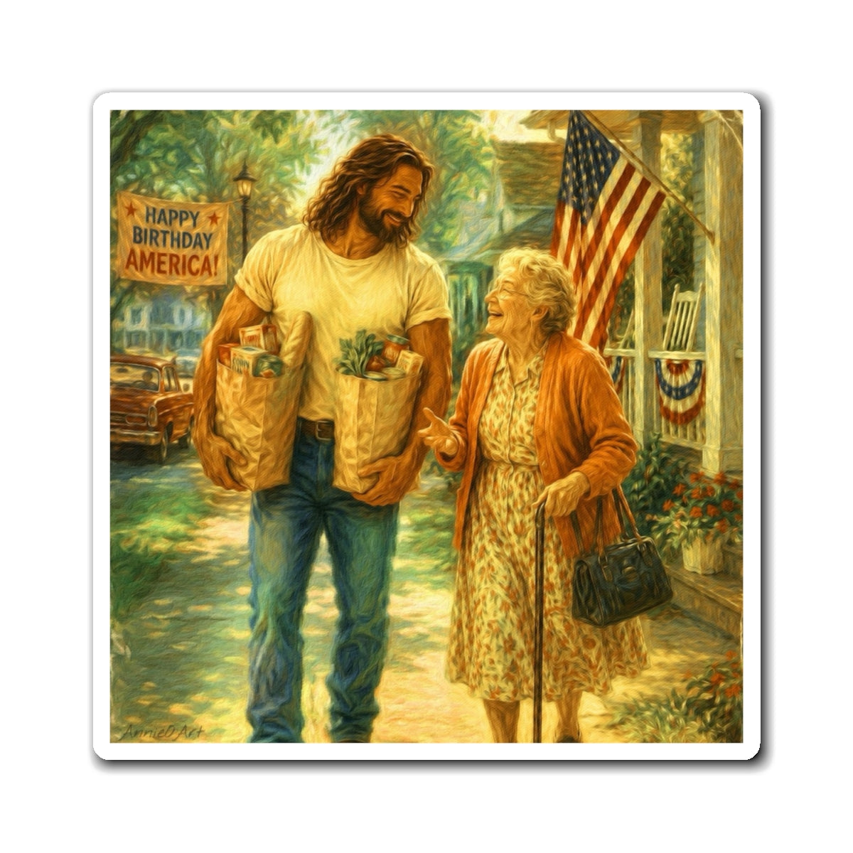 Jesus Helping Grandma Kid Level Magnet – Patriotic "Happy Birthday America" Refrigerator Decor