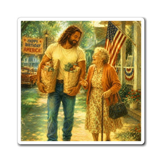 Jesus Helping Grandma Kid Level Magnet – Patriotic "Happy Birthday America" Refrigerator Decor