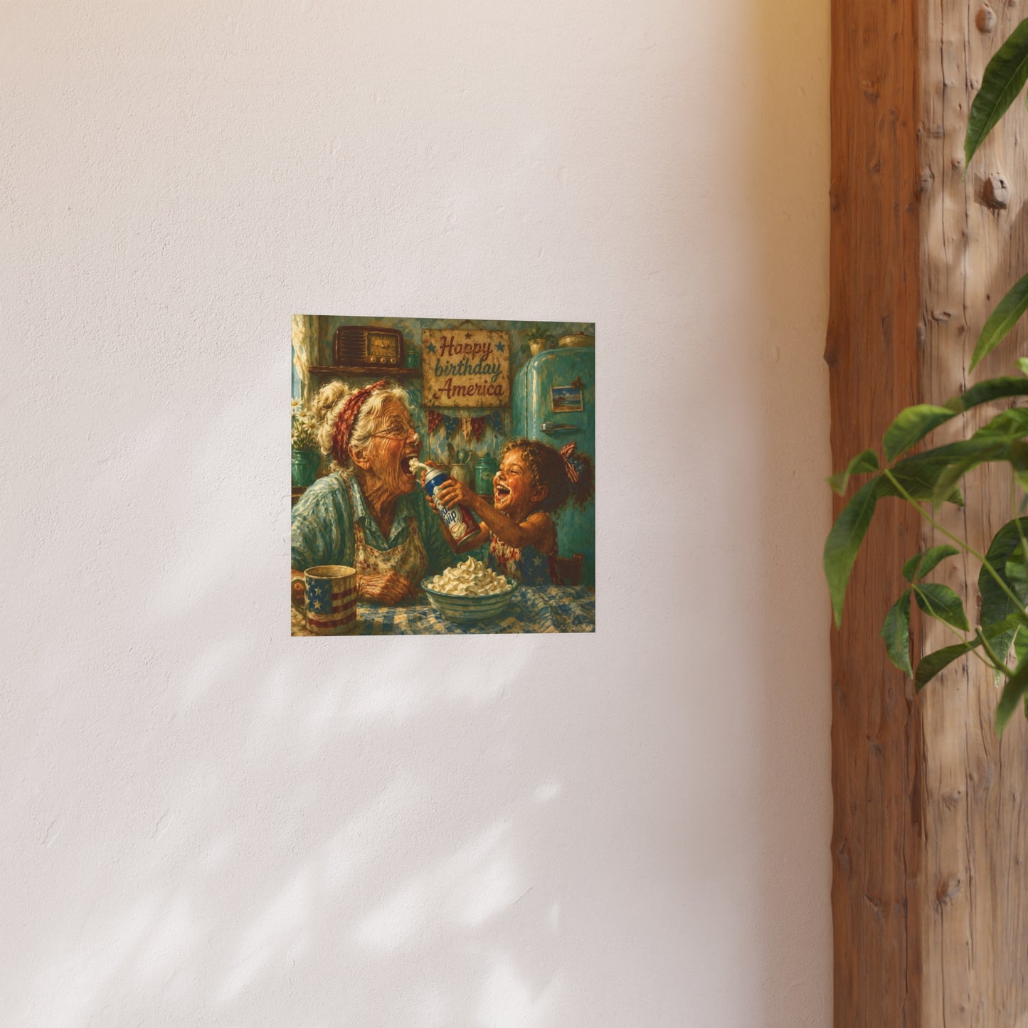 Happy Birthday America Poster — Vintage Grandma & Child Kitchen Art (Satin/Matte)