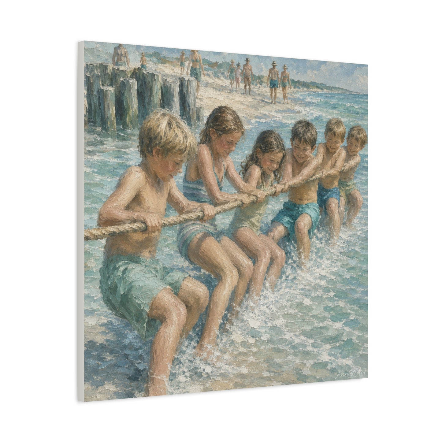 Beach Tug-of-War Matte Canvas Print — Vintage Seaside Children Wall Art