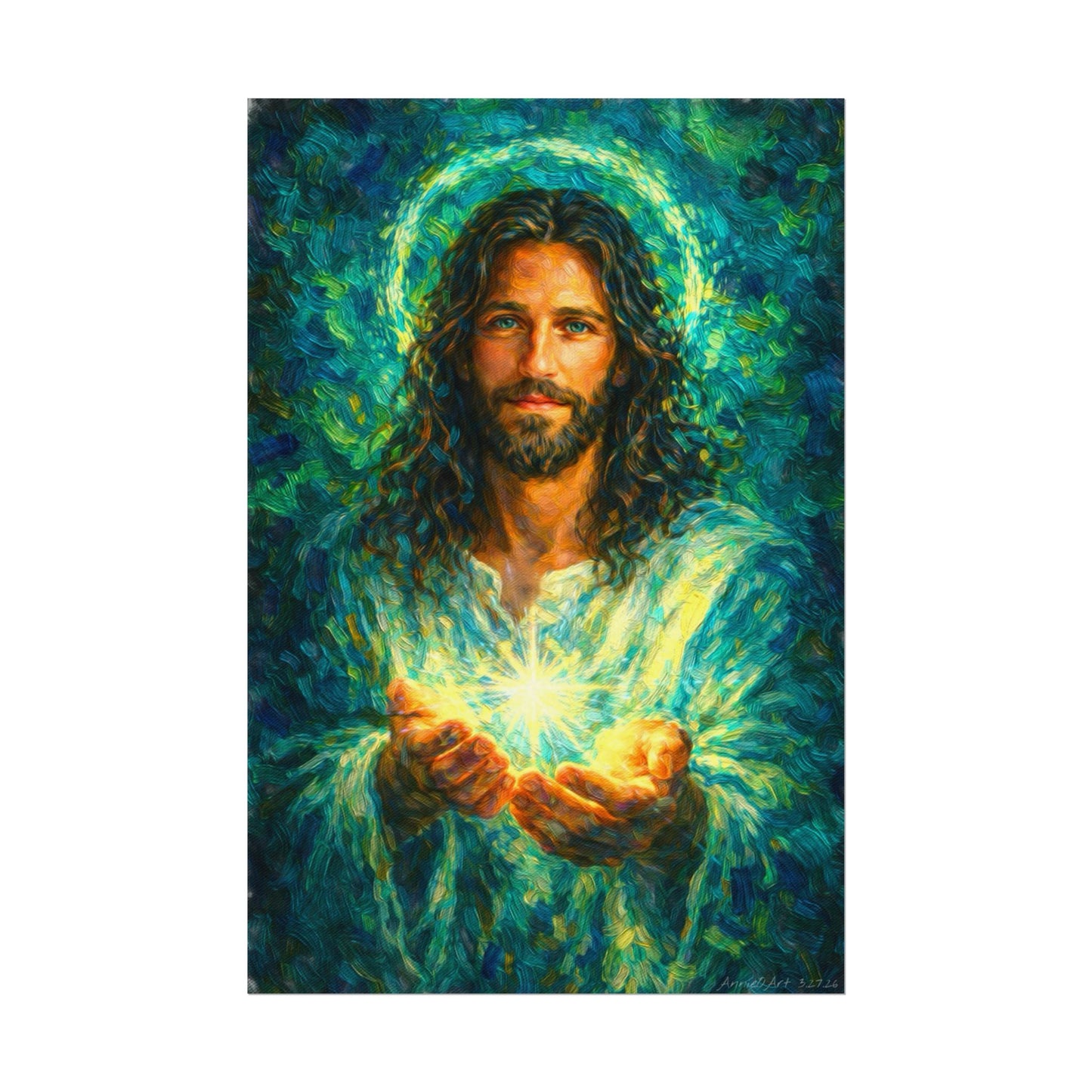 Jesus Holding Light —Oil Poster — Textured Matte Spiritual Wall Art