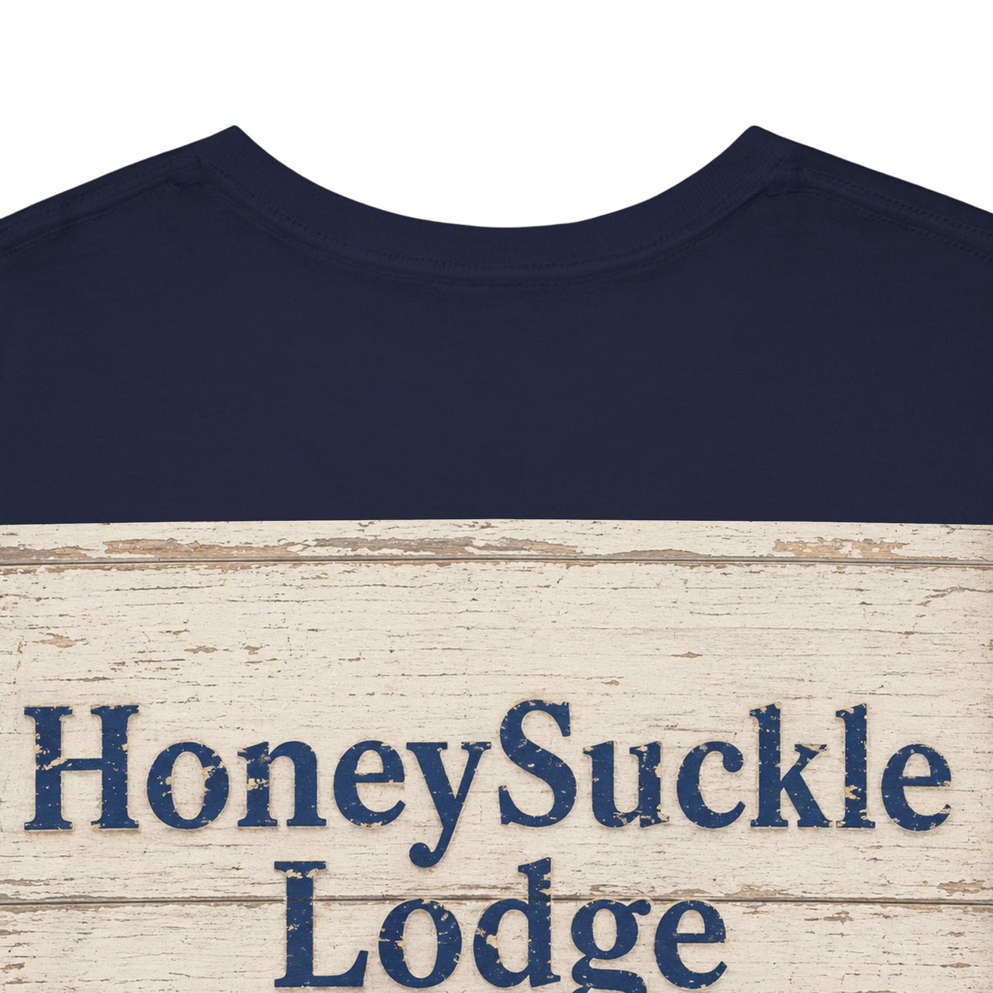 Honeysuckle Lodge Vintage Beach Print tee shirt front/back ("Honeysuckle Lodge - 50+ years of fun in the sun")
