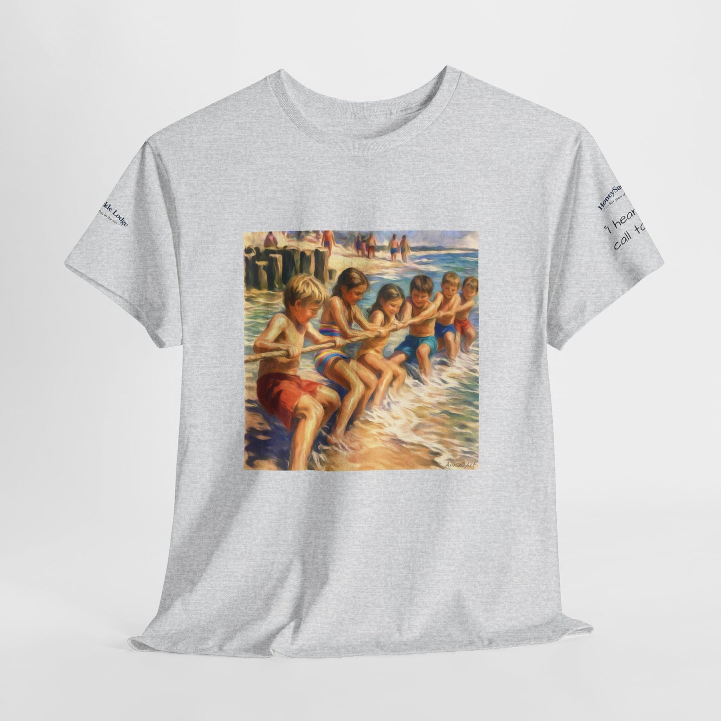 HoneySuckle Lodge Vintage Beach T-Shirt — "50+ years of fun in the sun" Retro Kids on Shore Design