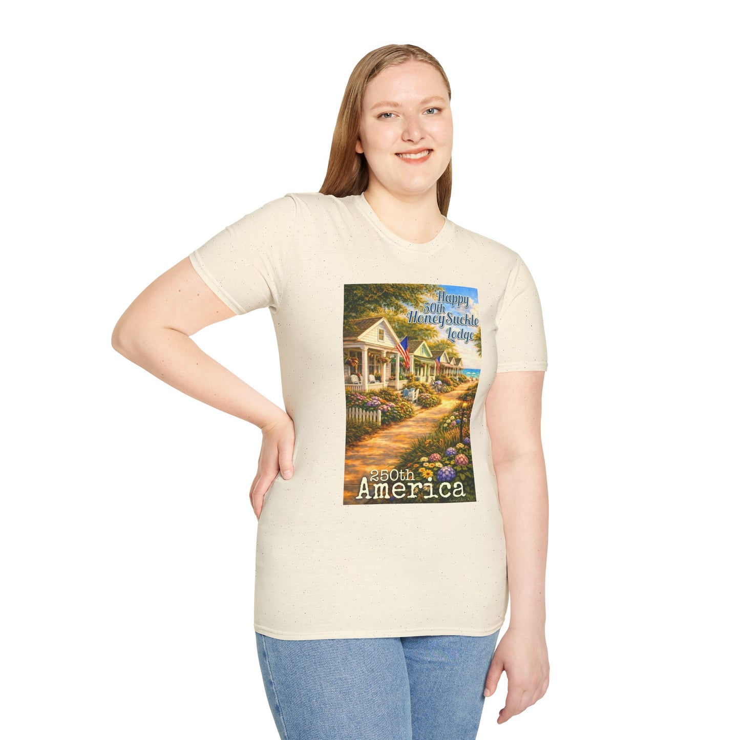 HoneySuckle Lodge 50th—America 250th Bungalow Path T-Shirt —Front & Back Design- Happy 250th Anniversary USA Patriotic Tee