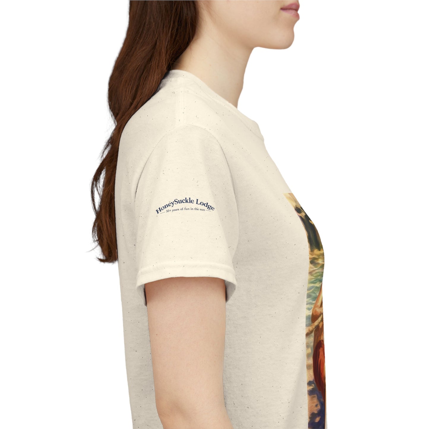 Honeysuckle Lodge Vintage Beach Print tee shirt front/back ("Honeysuckle Lodge - 50+ years of fun in the sun")